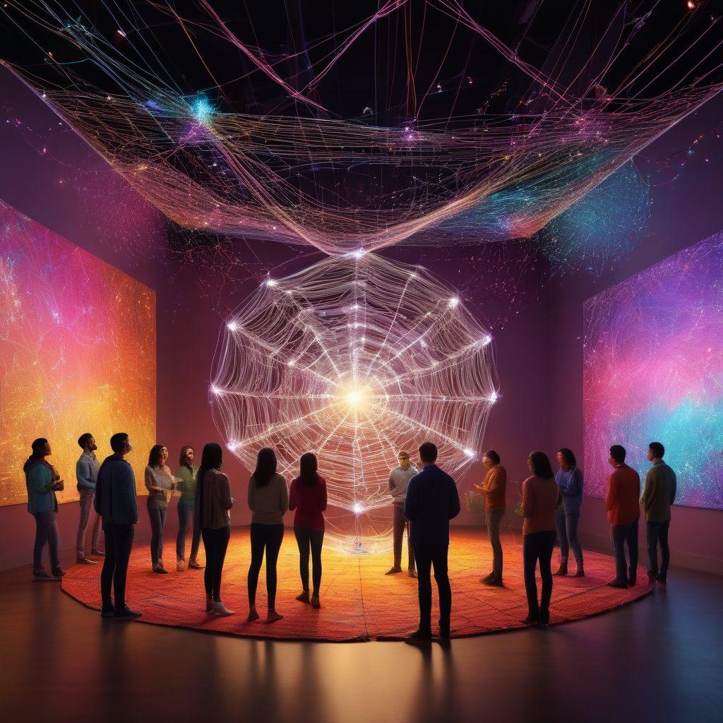 An intricate web of interconnected knowledge represented by glowing light bulbs and colorful threads weaving through a digital landscape. A diverse group of people, engaged in conversation and sharing ideas, symbolize community empowerment. The background shows a vibrant network of blog posts transforming into a bright horizon of possibilities. super-realistic. vibrant colors. 3D.