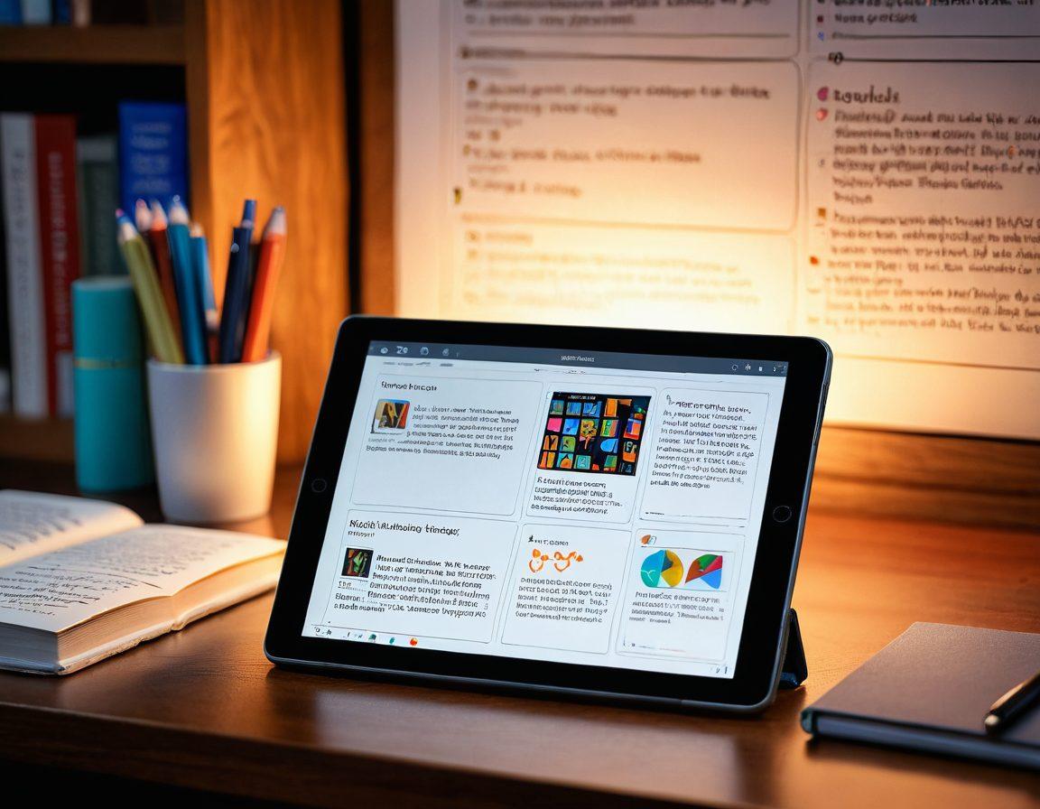 A modern digital journal interface displayed on a sleek tablet, featuring interactive elements like clickable icons, colorful graphs, and thought-provoking quotes. Surrounding the tablet are vibrant tools of content creation like pens, notebooks, and audio recorders, set in a cozy workspace with warm lighting. The backdrop includes soft-focus bookshelves filled with knowledge and inspiration. Emphasize creativity, engagement, and a sense of leadership in the digital space. 3D. vibrant colors.
