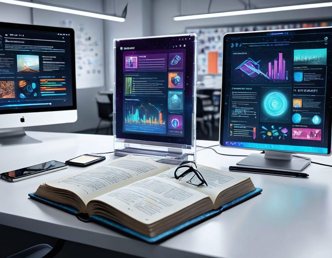 A futuristic digital journal featuring an intricate interface that showcases vibrant notes and multimedia sharing. Surrounding the journal are glowing holographic elements representing diverse knowledge sources, such as books, videos, and podcasts. A diverse group of people actively collaborating and sharing ideas in a bright, modern workspace. Emphasize a sense of community and innovation in learning. super-realistic. vibrant colors. white background.